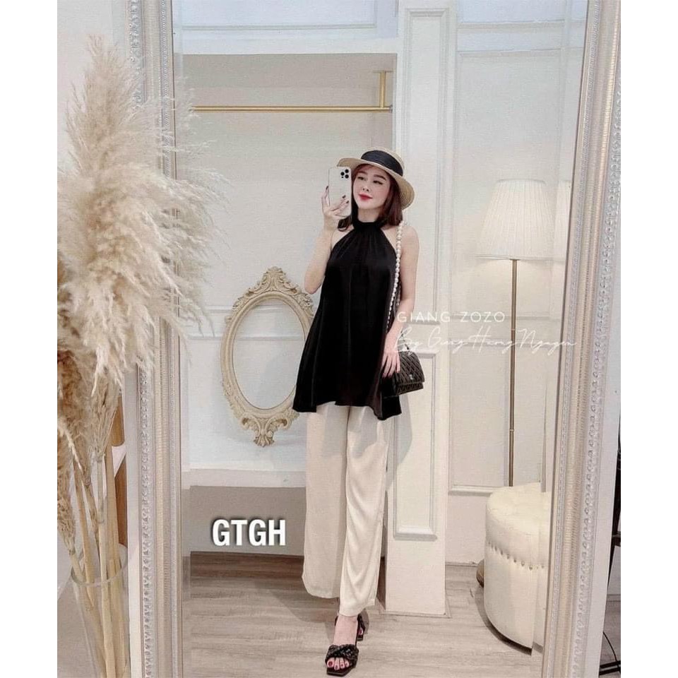 SET ÁO LỤA NT ĐEN CỔ YẾM QUẦN BE | BigBuy360 - bigbuy360.vn