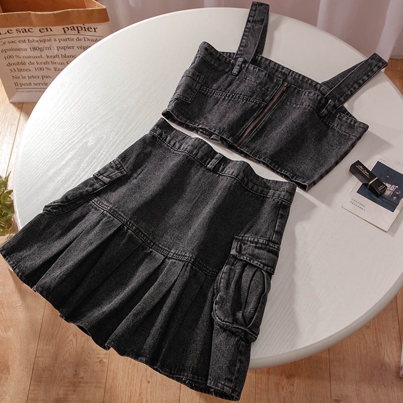 Bộ đồ JSC gồm áo hai dây denim và chân váy chữ A lưng cao xếp ly thời trang mùa hè cho nữ