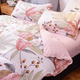 set chăn ga poly cotton lá hồng