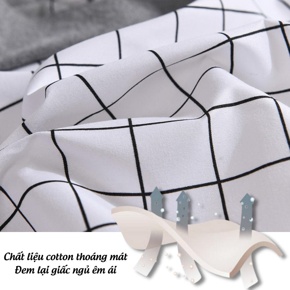 Bộ 4 món chăn ga gối drap giường cotton poly thoáng mát họa tiết caro trắng Otama Bedding miễn phí bo chun ra nệm