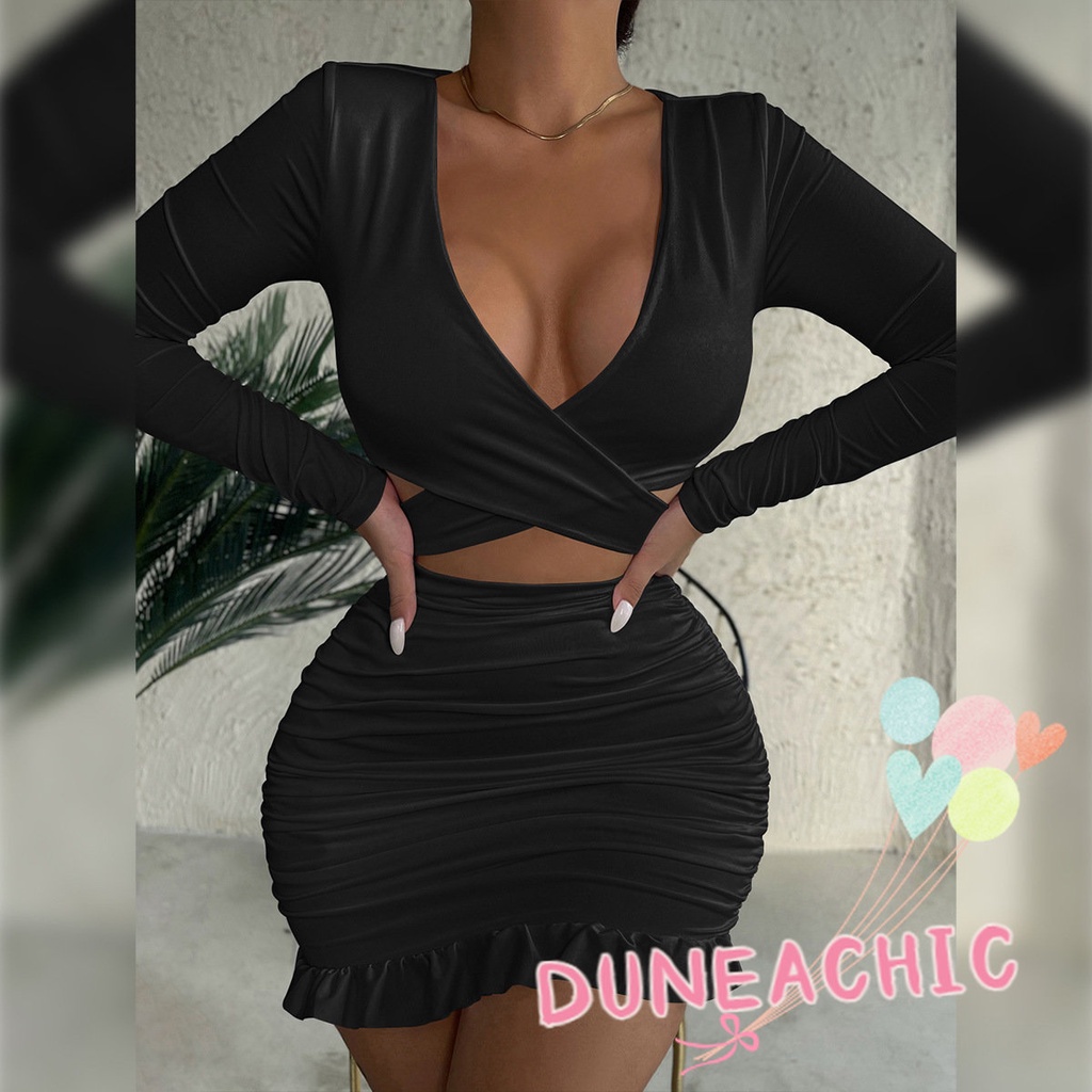 DUNEA Set Áo Croptop Cổ Chữ V + Chân Váy Bèo Nhún Quyến Rũ Cho Nữ