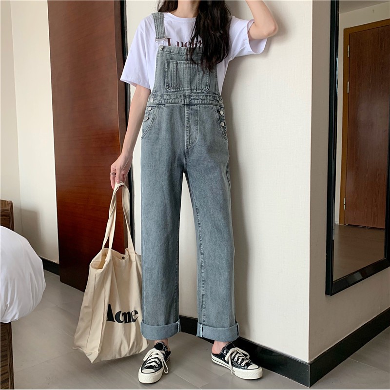 [Ảnh thật] Quần yếm jeans dáng dài ống suông phong cách ulzzang Hàn quốc