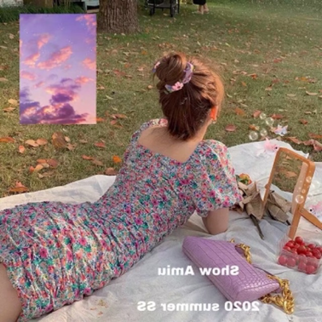 Váy đầm hoa nhí màu tím, trắng tay phồng ôm body cổ vuông nhíu thân sexy hè du lịch boho thổ cẩm