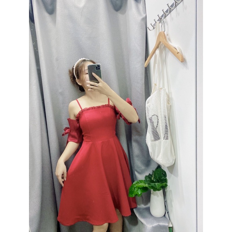 Váy 2 dây Calar Dress Blapink váy đỏ hai dây nữ phối tay trễ vai