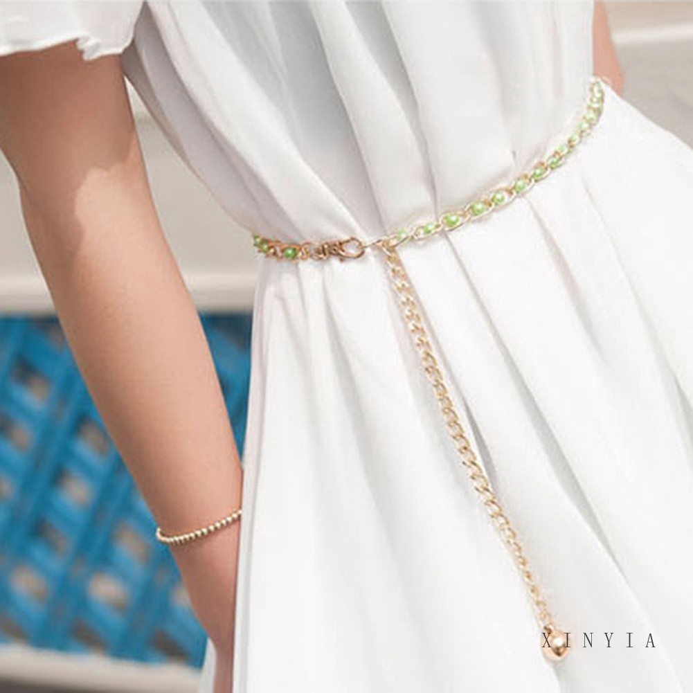 Dây thắt lưng kim loại đính hạt ngọc trai nhân tạo thời trang