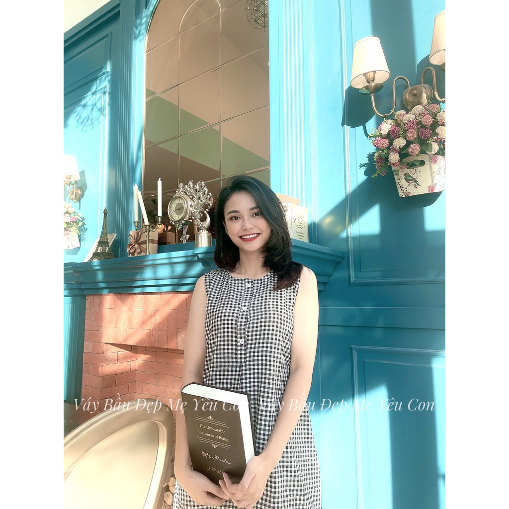 Đầm bầu công sở Váy bầu đẹp Kẻ Caro Sát Nách  MYC1244
