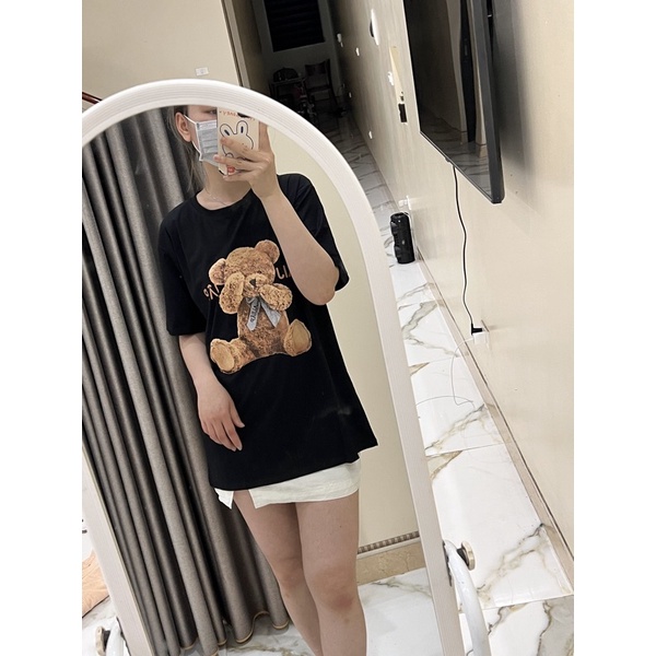 Áo Thun hình gấu Áo Phông Unisex Form Rộng Cộc Tay Cổ Tròn In hình gấu ảnh thật