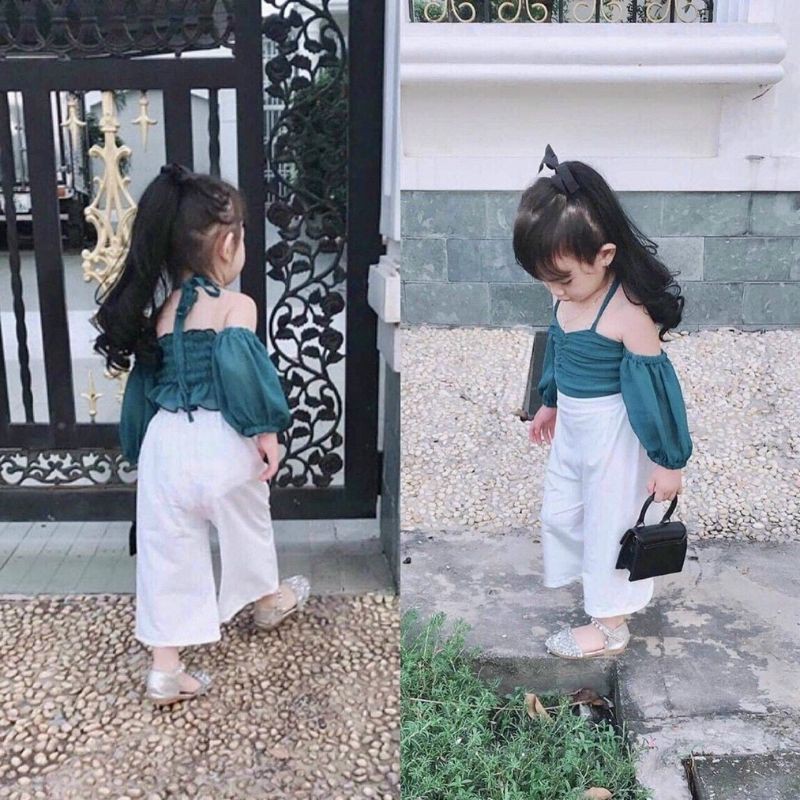 ảnh thật 💯 set áo trễ vai quần ống rộng bé gái sang chảnh