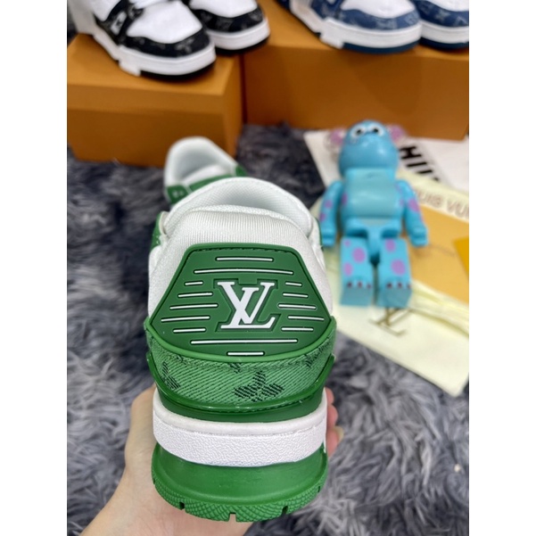 Giầy Thể Thao Louis Vuitton LV Trainer Monogram Denim White Green Xanh Trắng -Vải Bò- Đen Best Siêu Cấp Dế Khâu