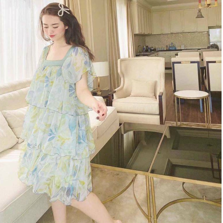 Váy bầu hai dây thời trang thiết kế M342 chất voan hai lớp freesize từ 45 đến 70kg