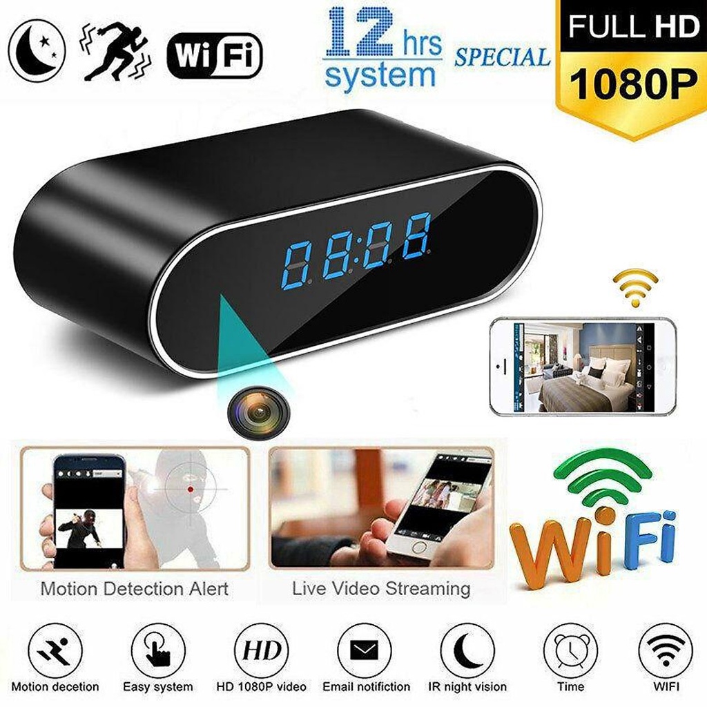 Thiết bị Camera ẩn Mini WiFi Clock Wireless 1080P - Màu đen