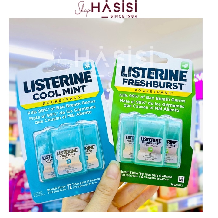 MIẾNG NGẬM THƠM MIỆNG LISTERINE Cool Mint Pocketpaks Breath Strips (3 hộp x 24 miếng xanh ngọc)