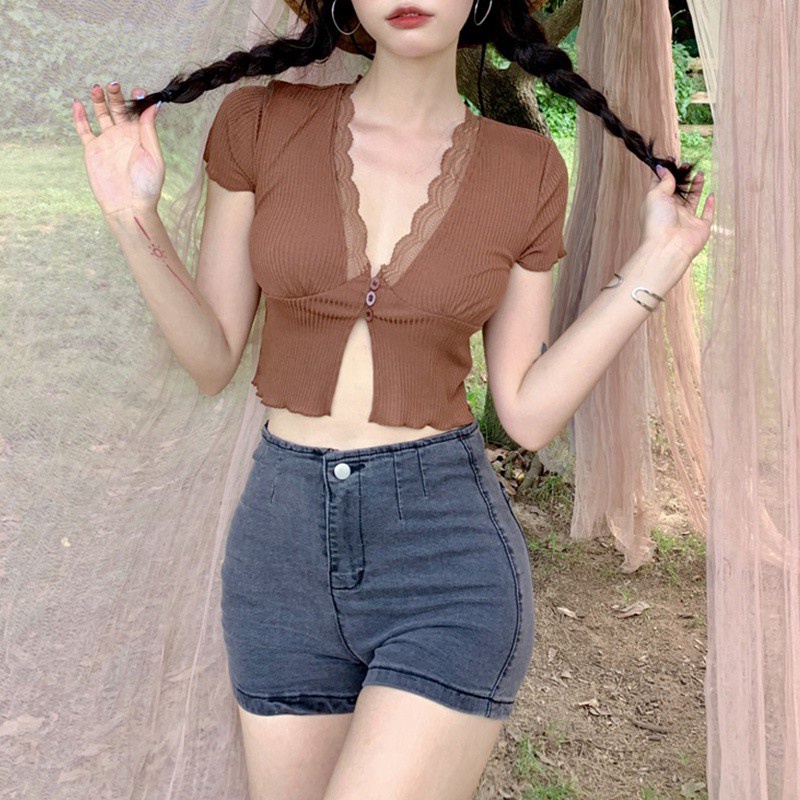 Áo Croptop Dệt Kim Tay Ngắn Cổ Chữ V Màu Sắc Đơn Giản Thời Trang Mùa Hè Cho Nữ