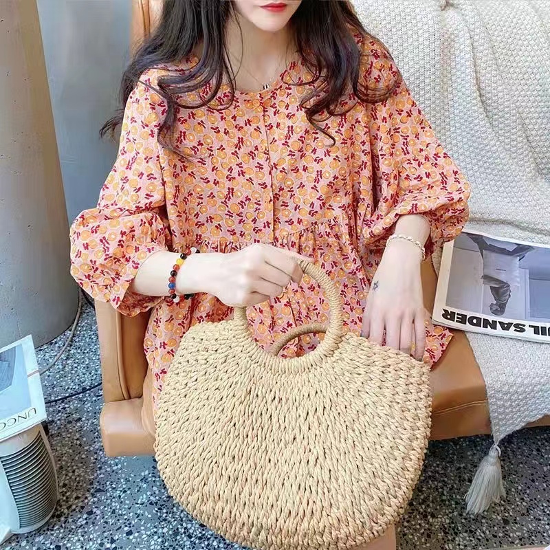Hàng Mới Về Áo Sơ Mi Tay Ngắn Phồng Dáng Rộng In Hoa Phong Cách Hàn Quốc Cho Nữ Hàng Có Sẵn
