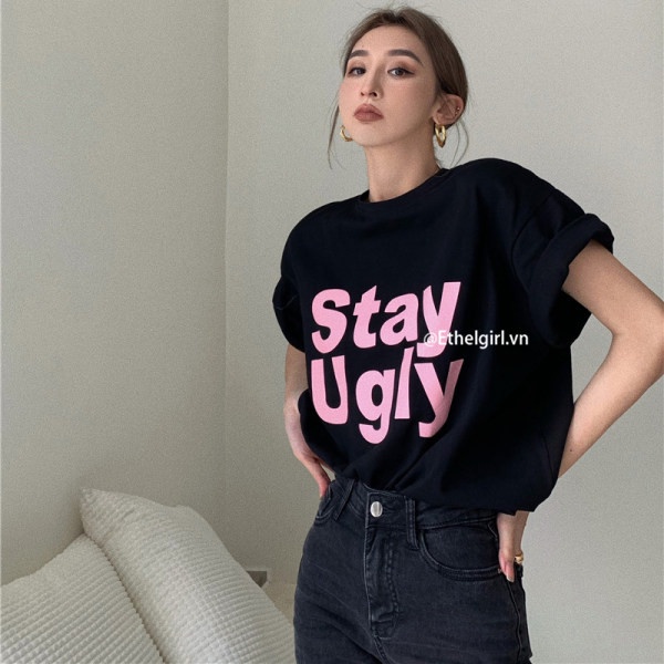 Áo Thun Nữ Tay Ngắn Cổ Tròn In Chữ Phong Cách Hàn Quốc