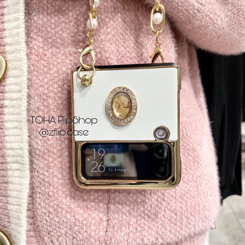 [HÀNG MỚI] Ốp Samsung Z Flip 3 / Z Flip3 / ZFlip3 da trắng viền vàng ánh kim mặt đá sang trọng