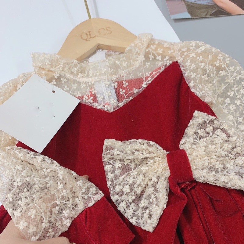Váy Nhung Đỏ Voan Hoa Nhí Phối Nơ Cực Xinh Cho Bé Gái V240 - Unchi store