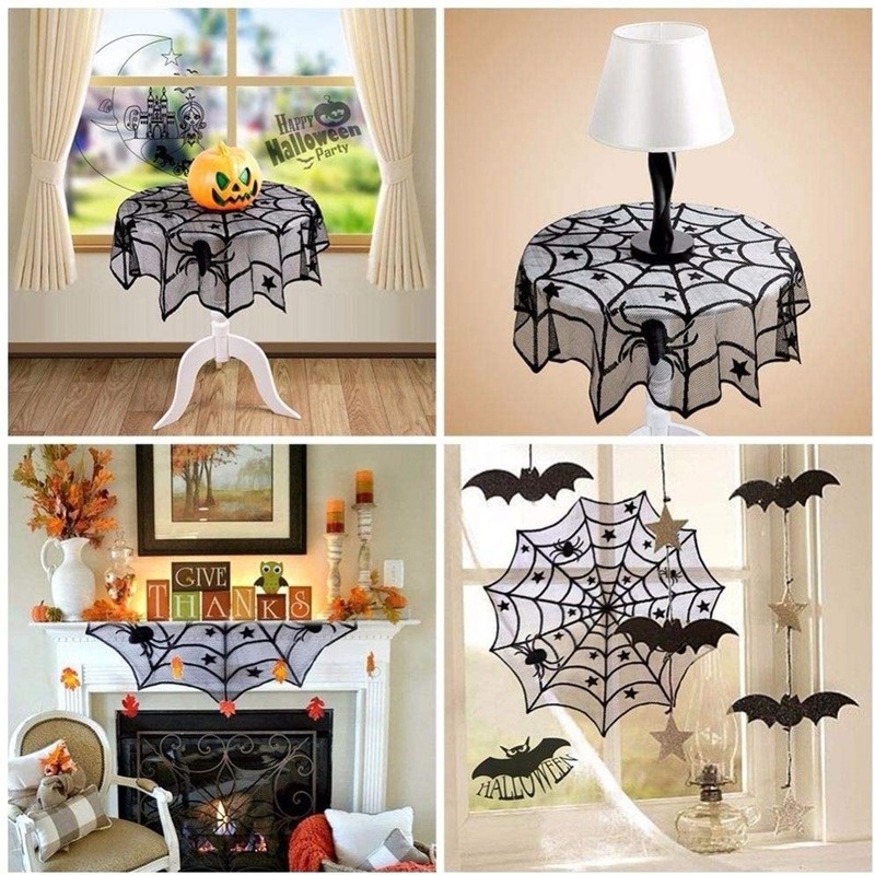 (Meteorite) Khăn Trải Bàn Tròn Bằng Ren Đen Hình Ma / Hình Học Halloween Trang Trí Nhà Cửa Tiệc Tùng