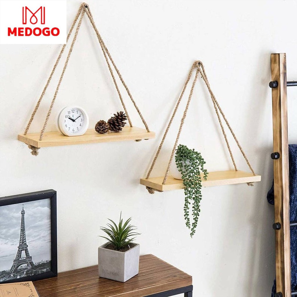Kệ gỗ treo tường dây thừng decor phòng ngủ, phòng khách trang trí nội thất MEDOGO