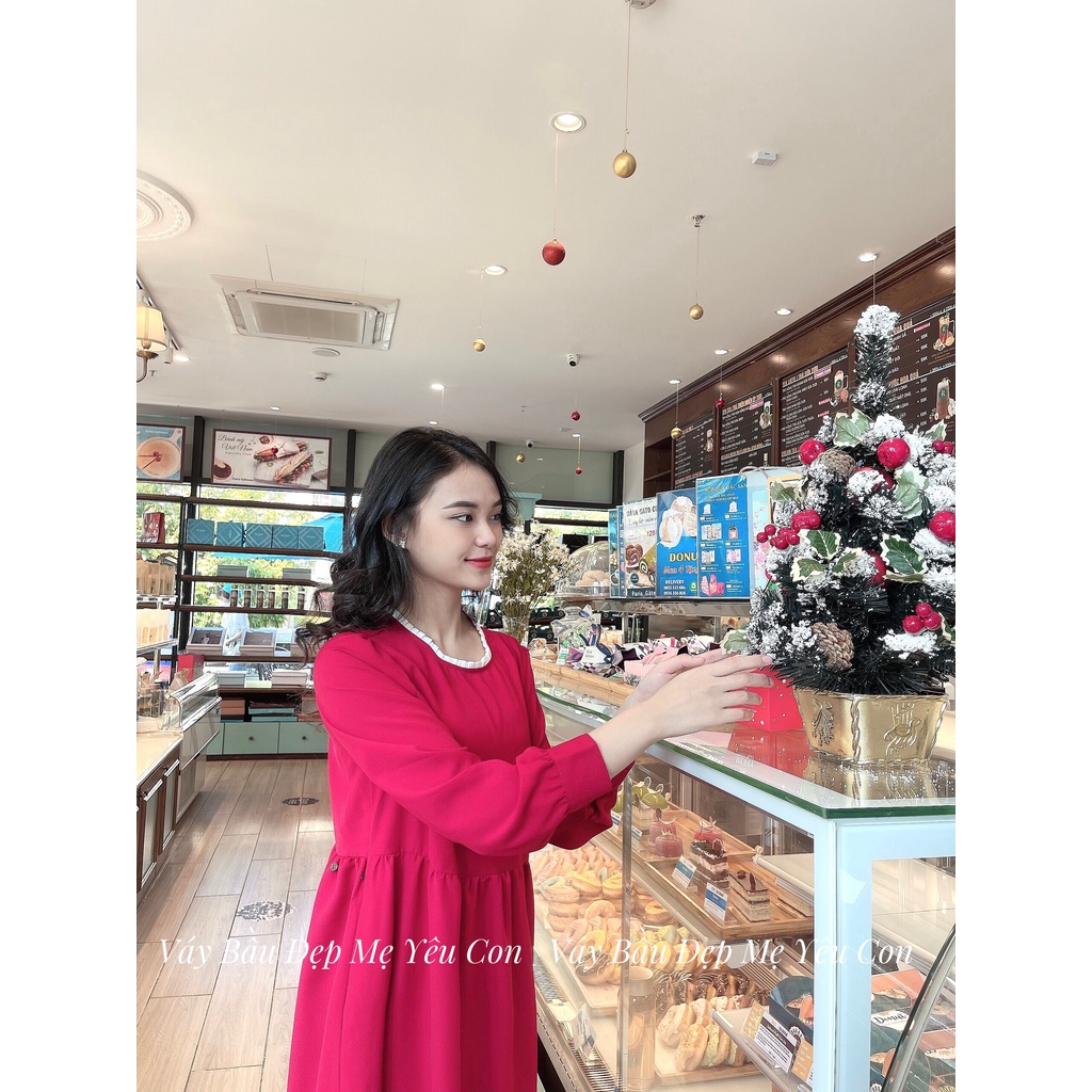 Đầm bầu công sở Váy bầu đẹp màu đỏ dài tay MYC 4M