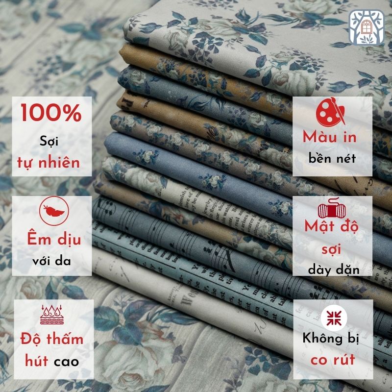 CS21-241-196 Vải cotton 100% tự nhiên🍒Chuanshui🍒khổ vải 150cm, báo cổ điển , chữ - vải đẹp handmade, quilt, may quần áo