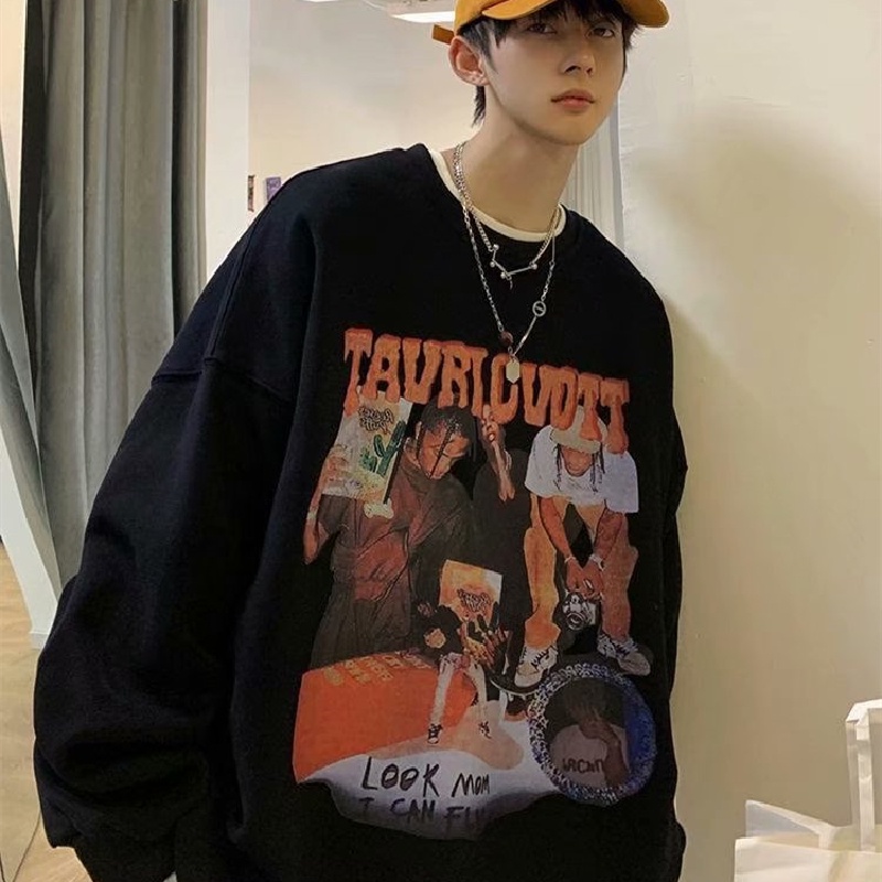 Áo sweater tay dài cổ tròn dáng rộng in họa tiết hoạt hình phong cách đường phố Hàn Quốc thời trang cho nam size M-5XL