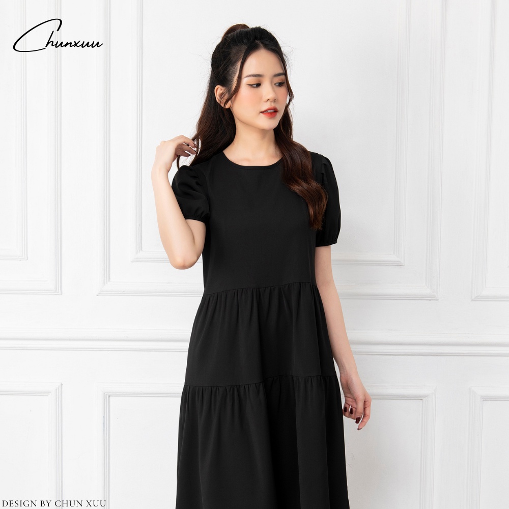 Váy babydoll dáng dài tay bồng tiểu thư, đầm suông thiết kế thắt nơ lưng trẻ trung ChunXuu V01