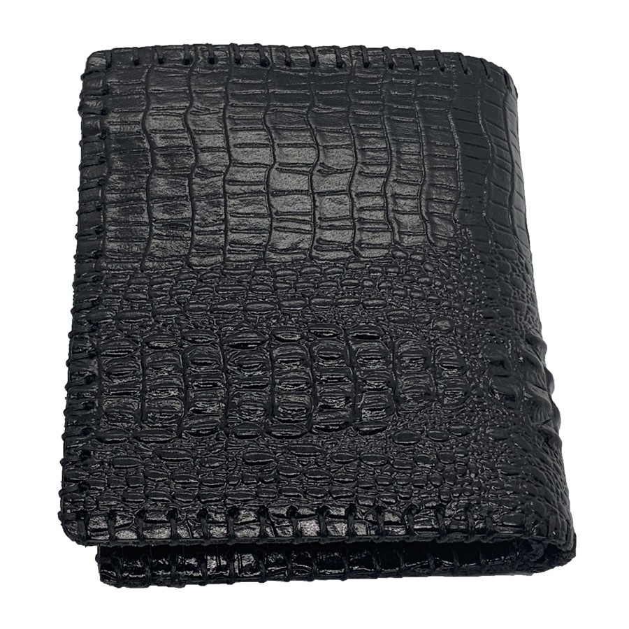 Ví Nam Đứng Da Bò Dập Vân Cá Sấu May Viền Tiến Công Màu Đen - TCN1043