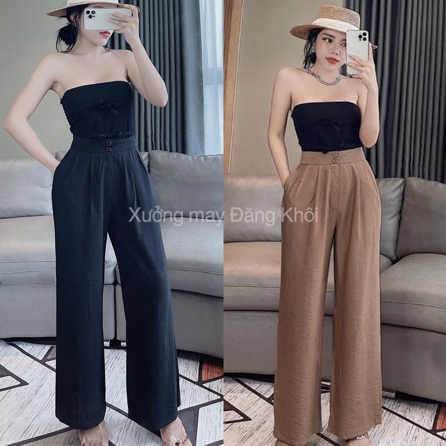 Quần Ống Rộng ❤️Freeship❤️ Quần Đũi Suông Dài Nữ Lưng Cao Cạp 2 Khuy Lưng Thun Hàn Quốc D089