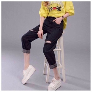 (Rách gối và Trơn) Quần baggy jean đen
