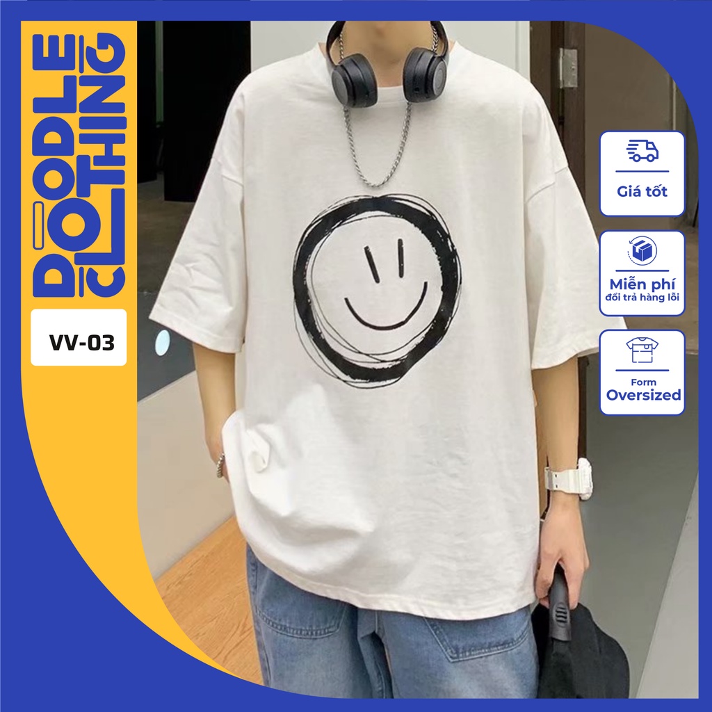 Áo thun nam nữ tay lỡ unisex oversize áo phông form rộng basic tee hình mặt cười lớn