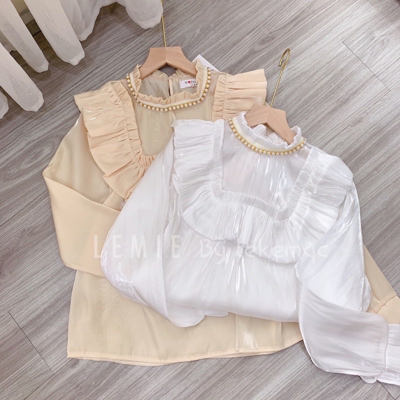 Áo Sơ Mi Trắng Tơ Óng Kiểu Mới Tiểu Thư Bánh Bèo Siêu Xinh , Áo Tay Bồng Cổ Viền Bèo A20