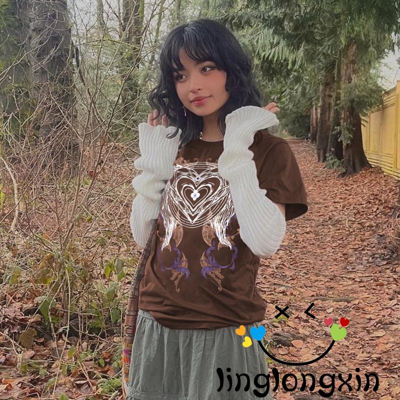 WUVintage Brown Graphic Print Oversized T-Shirt E-girl Gothic Punk Hip Hop Pullovers Tees Y2K Retro Harajuku