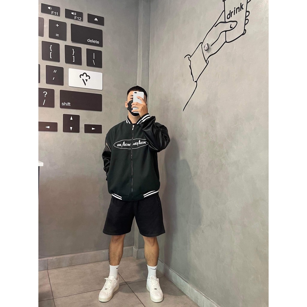 Áo khoác Bomber Varsity Nỉ Dạ, tay Da, Full Thêu BLACKMIACK Varsity Jacket