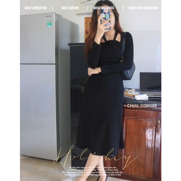 Đầm ôm dáng midi dài khoét vai ulzzang order