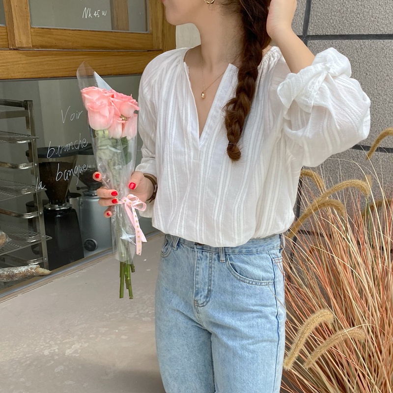 SUXI Áo Sơ Mi Tay Dài Cổ V Màu Sắc Đơn Giản Dễ Phối Đồ Cho Nữ