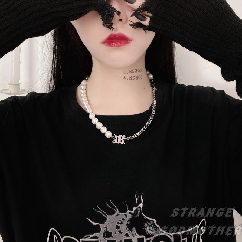 Dây chuyền mắt xích phối ngọc trai phong cách hip hop cá tính