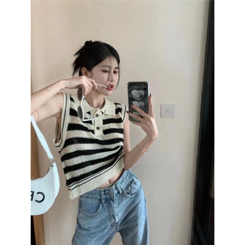 Áo Thun polo Dệt Kim Mỏng Dáng Rộng Họa Tiết Kẻ Sọc Thời Trang Mùa Hè Phong Cách Hàn Quốc Cho Nữ
