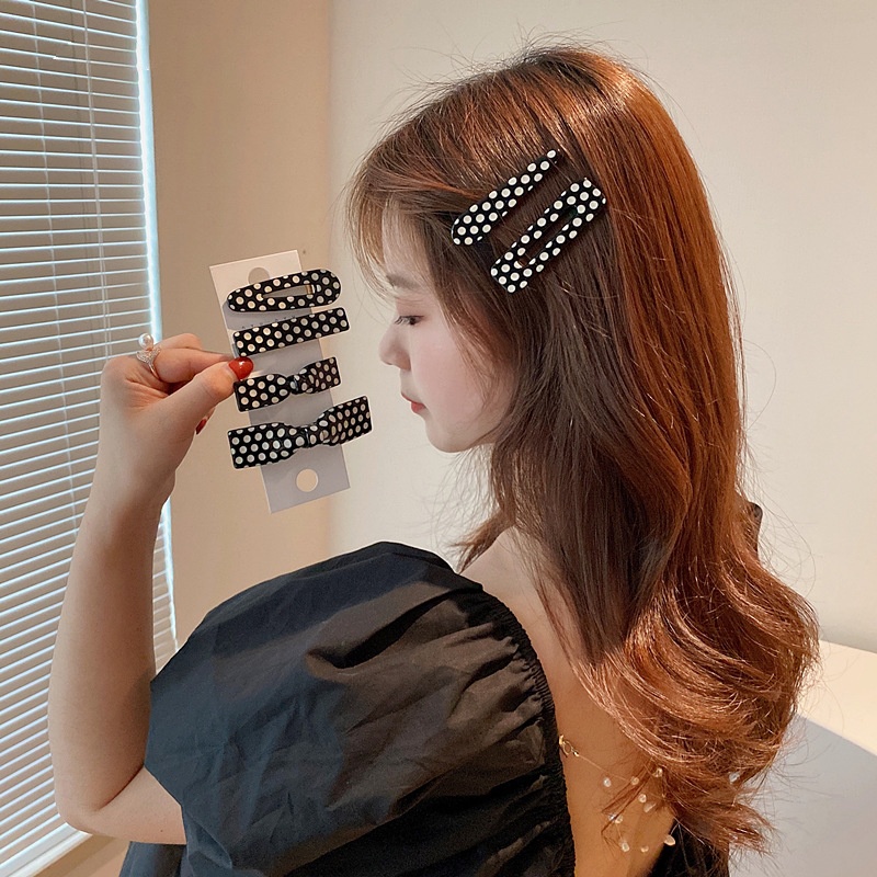 Kẹp Tóc Mái Họa Tiết Chấm Bi Trắng Đen Đơn Giản Phong Cách Hàn Quốc Cổ Điển