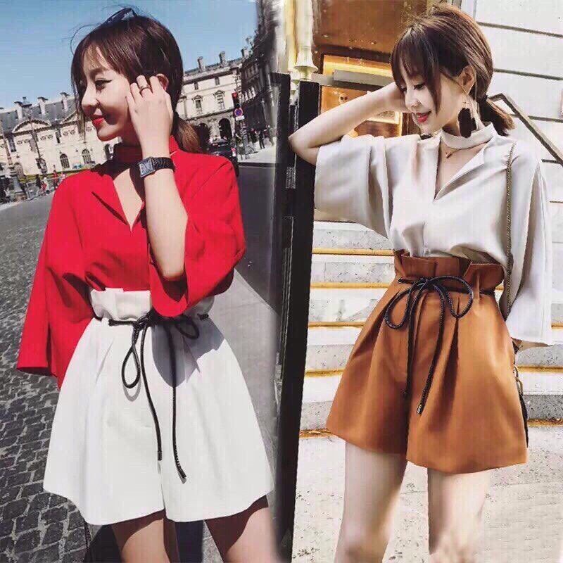 Sét bộ áo cổ V tay lỡ phối quần ống rộng cột nơ eo duyên dáng TTS0242
