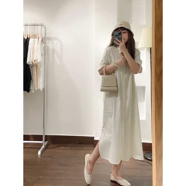 Đầm Sơ mi Be Thanh lịch Ngắn tay Form rộng Đi biển Mùa Hè Phong cách Hàn Quốc Đầm Maxi dài Sơ mi Tay ngắn Thời trang
