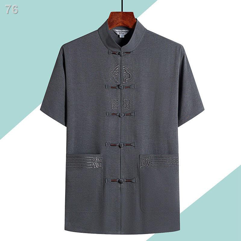 ngắn Tay áo Tang phù hợp với nam vải cotton và vải lanh phù hợp với mùa hè giản dị của nam giới trung niên và cao tuổi p