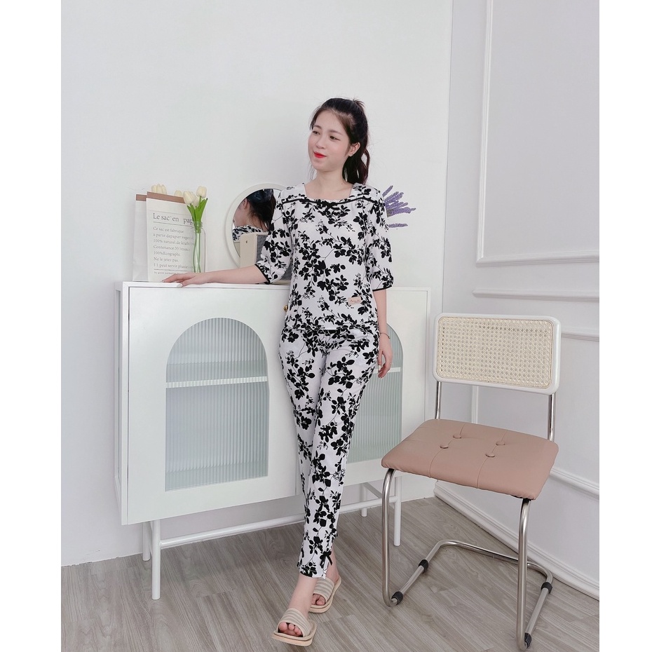 Bộ mặc nhà chất lụa mềm cổ vuông 1 nơ