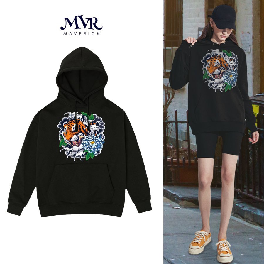 Áo Khoác hoodie đen vải da cá dầy ấm in hình hổ cọp form unisex nam nữ có big Size 100kg BB1340