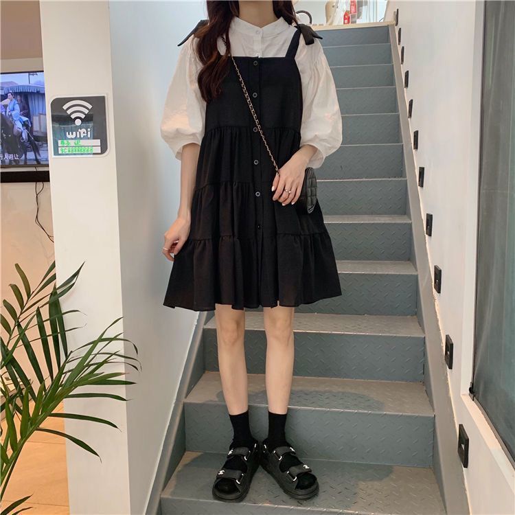 Váy Cho Bé Gái | Set Áo Sơ Mi Tay Ngắn Phồng Cổ Tròn + Chân Váy Ngắn Thời Trang Cho Bé Gái 10-12 - 14-18 Tuổi ，Váy 2 Dây，chân váy đen