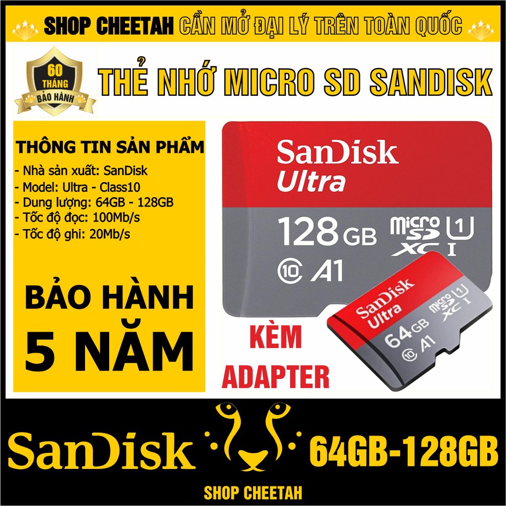 Thẻ nhớ SanDisk kèm Adapter – MicroSD Ultra Class10 – CHÍNH HÃNG – Bảo hành 5 năm – Dung lượng 64GB/128GB