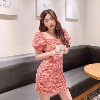 Tingoan® - váy nhún cổ vuông hack eo kẻ caro đỏ ariana dress/cr