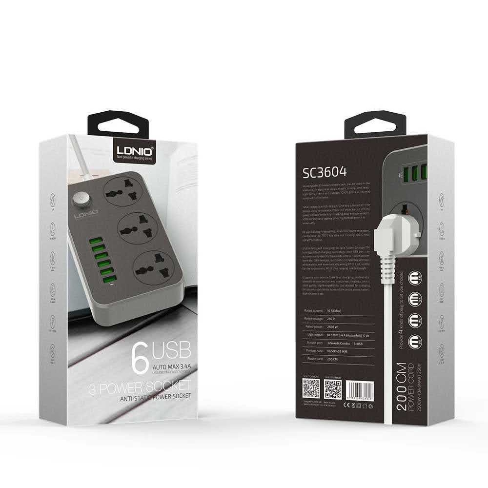 Ổ cắm điện kèm 6 cổng sạc USB cao cấp AutoID 3.4A LDNIO chính hãng, an toàn, tiện lợi sạc nhiều thiết bị cùng lúc