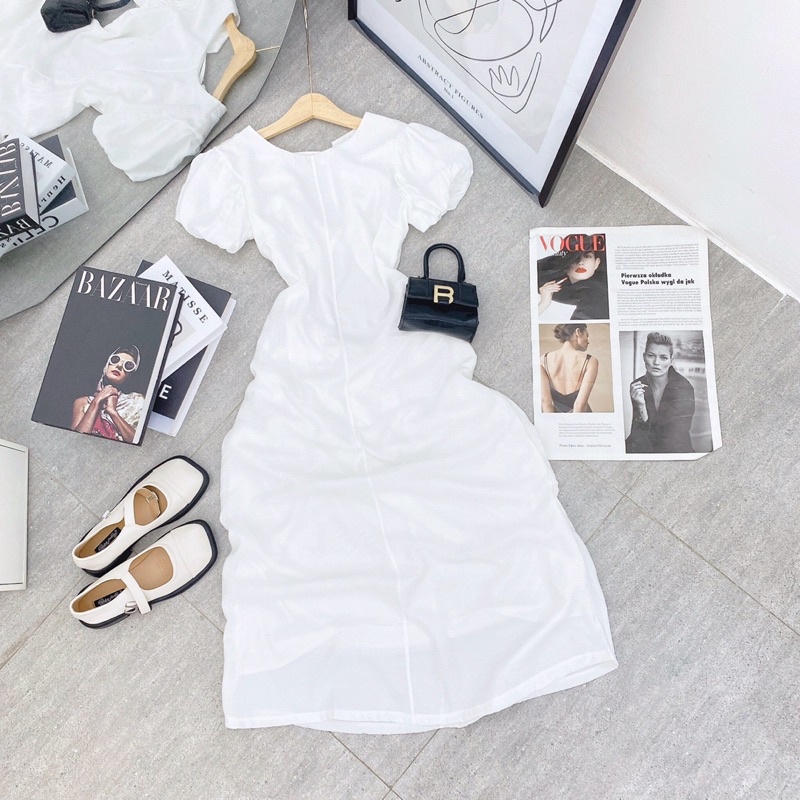 (có bigsize) ĐẦM MIDI TRẮNG CUTOUT LƯNG