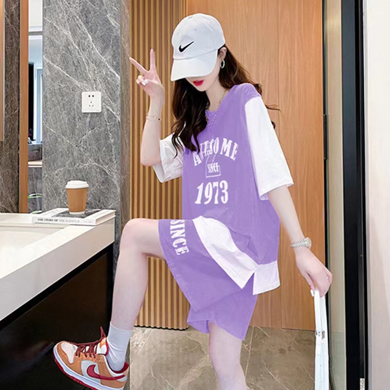 Set Đồ Thể Thao 2 Món Gồm Áo Thun Tay Lửng Dáng Rộng + Quần Short Thời Trang Cho Nữ Size S-3XL